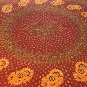 Sunflower & Olive Branches French Patterned Round Tablecloth Dark Red Yellow 67”